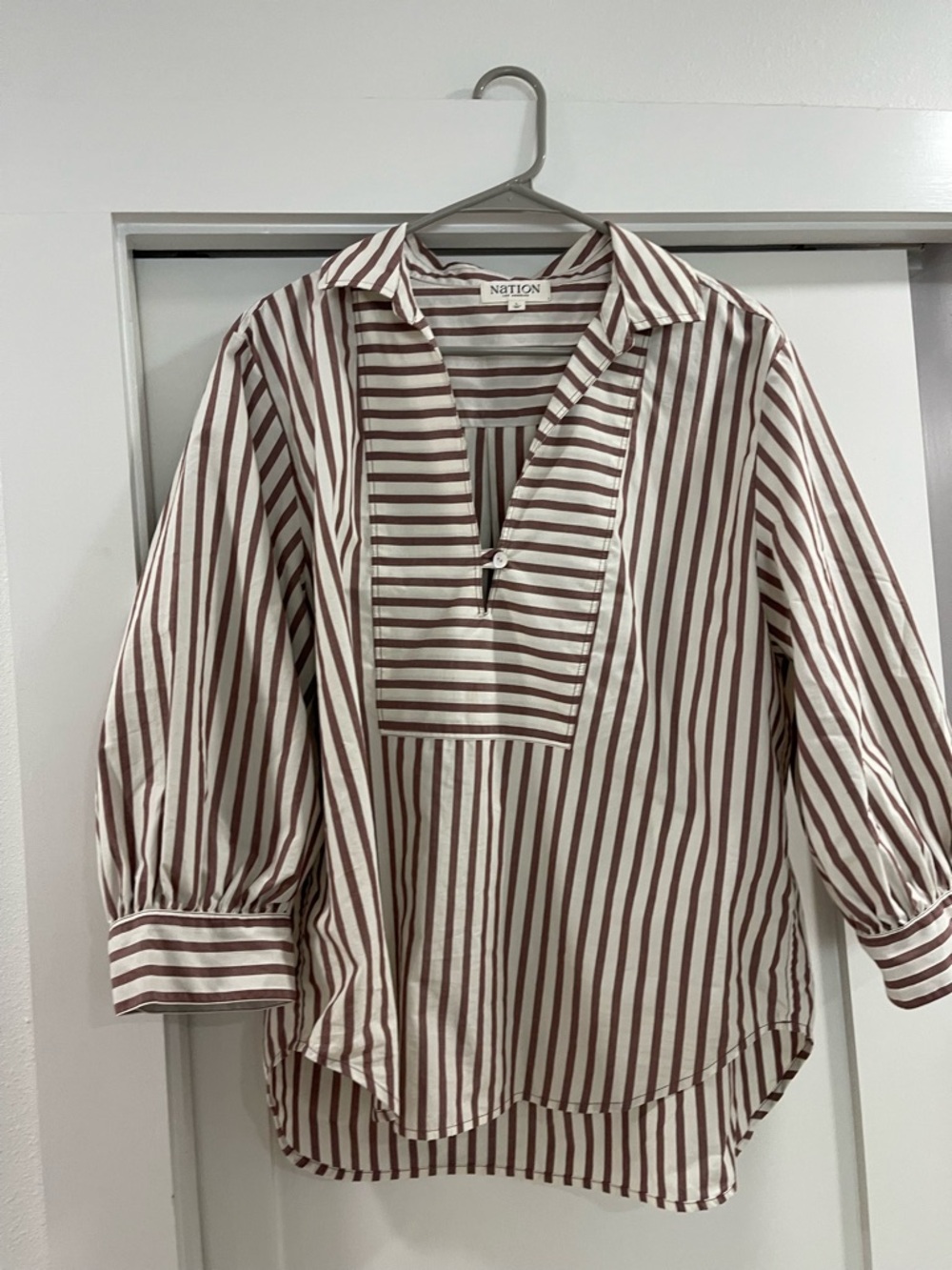 Brown and White Striped Popover Shirt